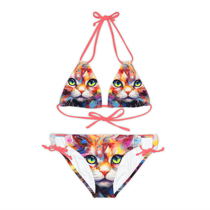 Meow Abstract Strappy Bikini Set - Swimwear