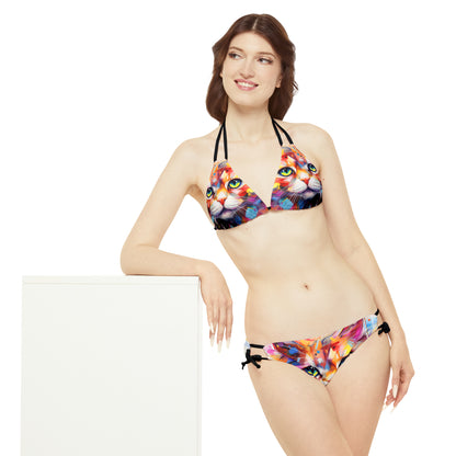 Meow Abstract Strappy Bikini Set - Swimwear