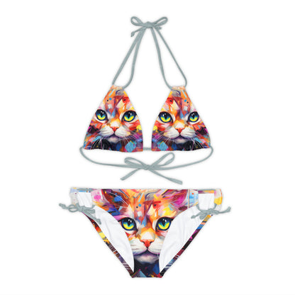 Meow Abstract Strappy Bikini Set - Swimwear