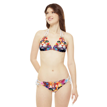 Meow Abstract Strappy Bikini Set - Swimwear