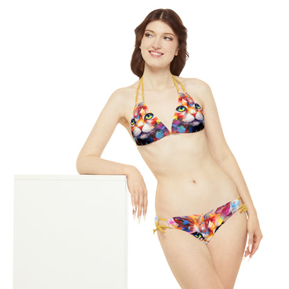 Meow Abstract Strappy Bikini Set - Swimwear